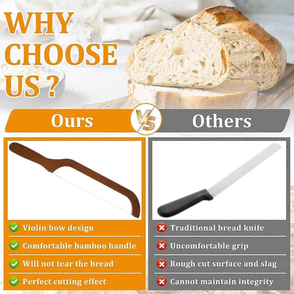 Bread Bow Cutter Serrated Bagel Slicer Stainless Steel Sourdough Bread Cutter Portable Bread Slicing Tool with Bamboo Handle