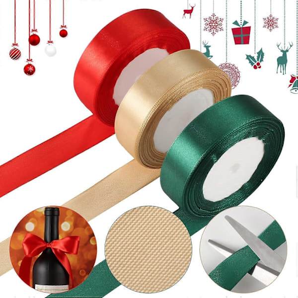 3 Rullar Jul Satinband, 1cm x 22m Rött Satinband Guld Satinband Mörkgrönt Satinband, Färgat Tygband för Presentinslagning Jul Bröllop