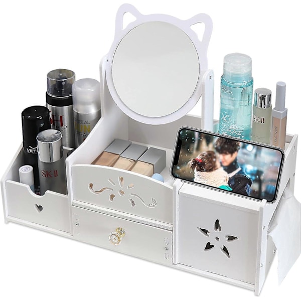 Makeup Opbevaring Multifunktionel Organizer, Hvid Bordplade Badeværelses Organizer, Makeup Opbevaringsboks med Spejl til Soveværelse/Badeværelse B