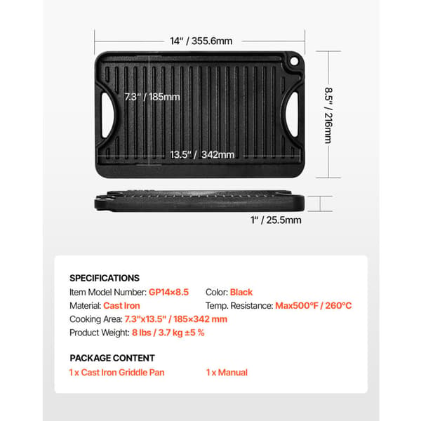 Mophorn Reversible Cast Iron Griddle (185 x 342 mm), Portable Rectangular BBQ Pan with Handles, Versatile Cookware for Stovetops and Grills, Black Black