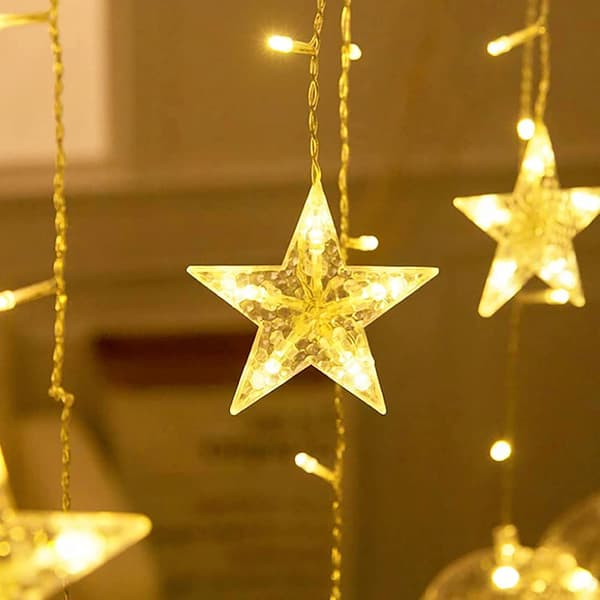 LED Star Moon Curtain Light String, 3.5M Fairy Lights with 8 Modes and Memory Function Outdoor/Indoor with Plug