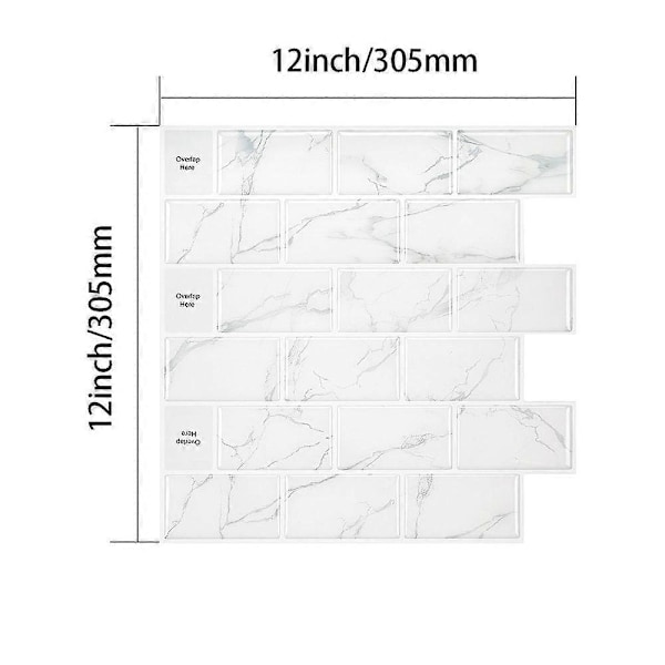 Selvklæbende backsplash til køkken, selvklæbende fliser til badeværelsesvæg, hvid med gråt marmormønster, 30,5 x 30,5 cm