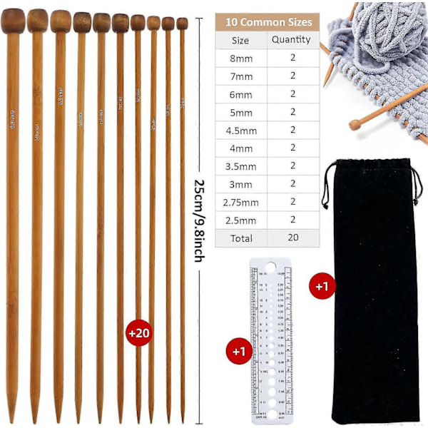 Bambustickor Set - 10 Par Med Linjal Och Förvaringsväska Zekai