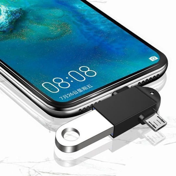OTG-sovitin 3-in-1, tyyppi C - USB 3.0 -naaras, alumiiniseos, yleiskäyttöinen Androidille, musta, avainnauhalla