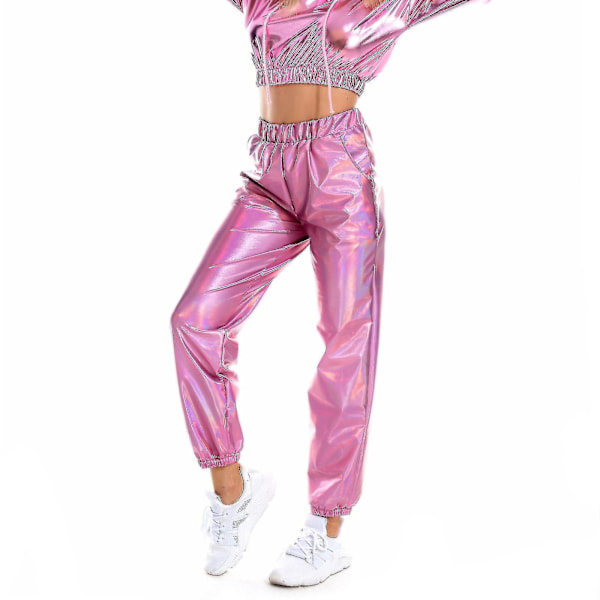 Skinnende Holografiske Damemote Streetwear Bukser S Rosa