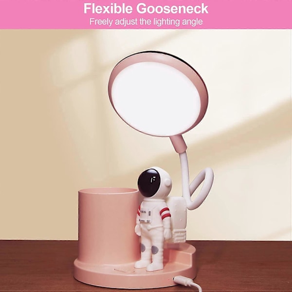 5W LED Skrivebordslampe for Barn, Trådløs Dimbar Oppladbar Bordlampe med Penneholder og Projeksjon, Fleksibel Svanehals Leselampe for Kontor Studierom