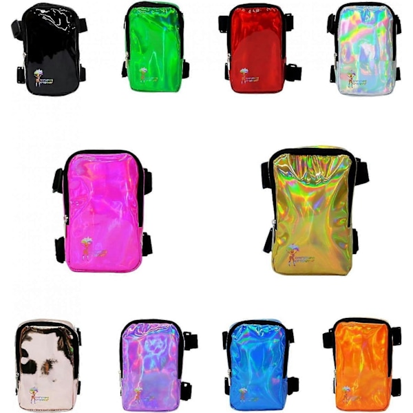 Holografisk Lårtaske - Telefonholder Festivaltaske til Kvinder, Mænd - Iridescent Ankelpung - Reflekterende Håndfri Ravetaske - GSL FF ZD sort