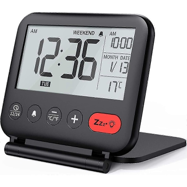 Digital Reseväckarklocka Mini Portabel LCD-skärm Klocka med Bakgrundsbelysning Kalender Temperatur Snooze 12/24H Sminkspegel, Liten Vikbar Batteridriven