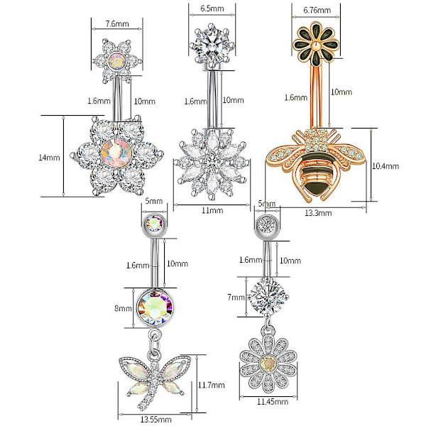(5-pack) 14 g navelringar i kirurgiskt stål med runda Cubic Zirconia dubbar för piercingar