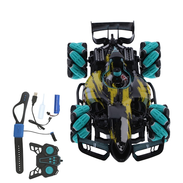 2,4 GHz RC 4WD LED Musikbil 360 graders roterende modelbil legetøj med dobbelt fjernbetjeningGul