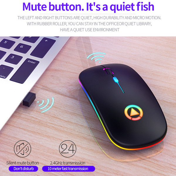 Mus, Plug and Play, Bärbar, Tyst, Laddningsbar, Upplyst, Trådlös, Kontor, Dator, Bärbar dator, Mus, Matt Svart