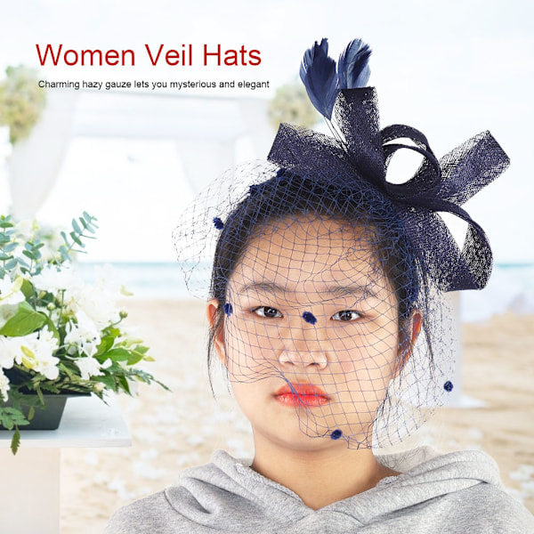 Bryllup Kvinner Nett Mesh Brud Slør Hatter Brud Fascinator Hodeplagg Hår Tilbehør(Marineblå)