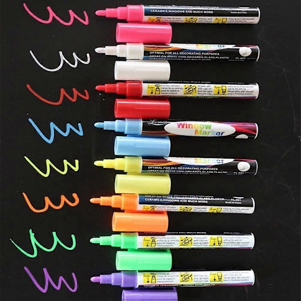8 stk. Kridtmarkør Pen Tusser til Whiteboard 6mm Reversibel Rund & Mejselspids Fluorescerende Markører Overstregningstusser