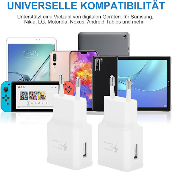 Dual Pack USB Hurtigladingsadapter kompatibel med Samsung S22/S21/S20/S10/S10e/S6/S7/S8/S9/Edge/Plus/Active/A72/A53 5G, Note 5/8/9/10