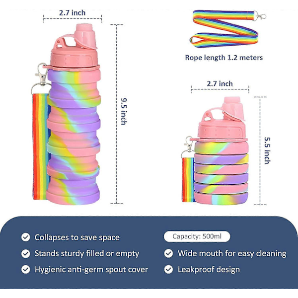 500 ml vesipullo lapsille, kannettava kokoontaitettava silikoninen vesipullo, kaulanauhalla, BPA-vapaa, 16 OZ (pinkki)