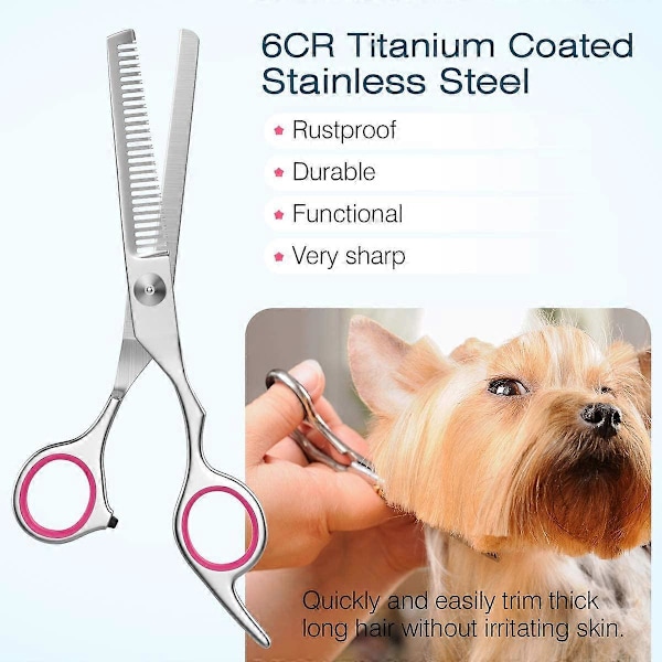 Hundtrimningssax, 5-delars titancoated rostfritt stål husdjurstrimningsset, urtunnings-/raka/böjda saxar och kam - Rosa
