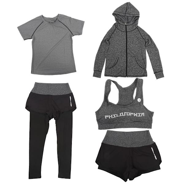 5-delad yogasett för kvinnor, sportkläder, gymjacka, långärmad topp, leggings, shorts, yogadräkt, mörkgrå, XXL