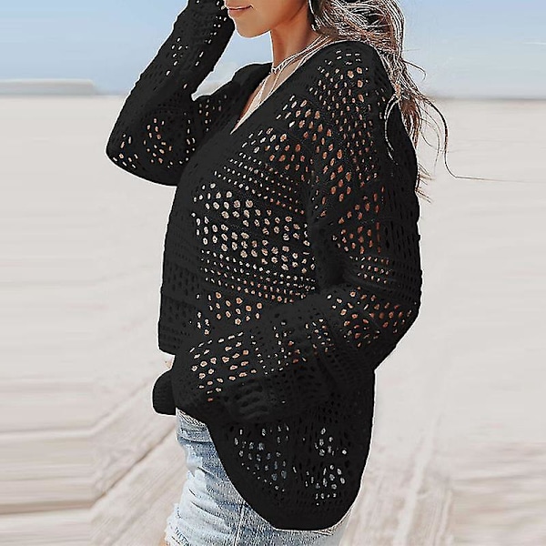 Enfärgad V-ringad spetsvirkad bikini-cover-up strandkläder topp för kvinnor 2XL svart
