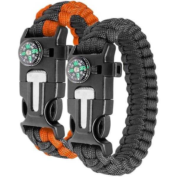 Nödöverlevnadsarmband - Flintstål Eldstartare, Visselpipa, Kompass - 2-pack, Svart