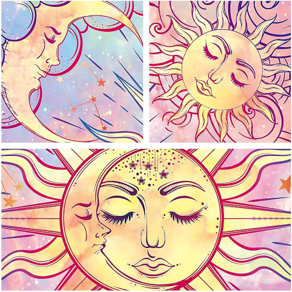 Pastellin vaaleanpunainen seinävaate, palava aurinko -seinävaate, mystinen seinävaate, taivaallinen aurinko & kuu & tähdet -seinävaate, psykedeelinen hippi-batikkiseinävaate, juhlakodin sisustus