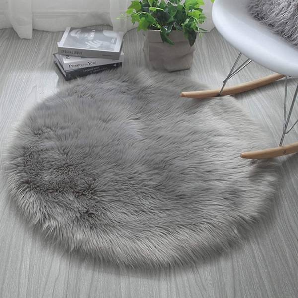 Harmaa pyöreä tekoturkismatto - Pehmeä ja liukumaton matto olohuoneeseen, makuuhuoneeseen, sohvaan ja joogaan - 45x45cm