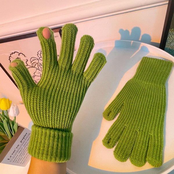 Vinterhandskar 2 fingrar exponerad design akryl fleece enfärgad lång vinter stickade handskar för utomhus inomhus grön