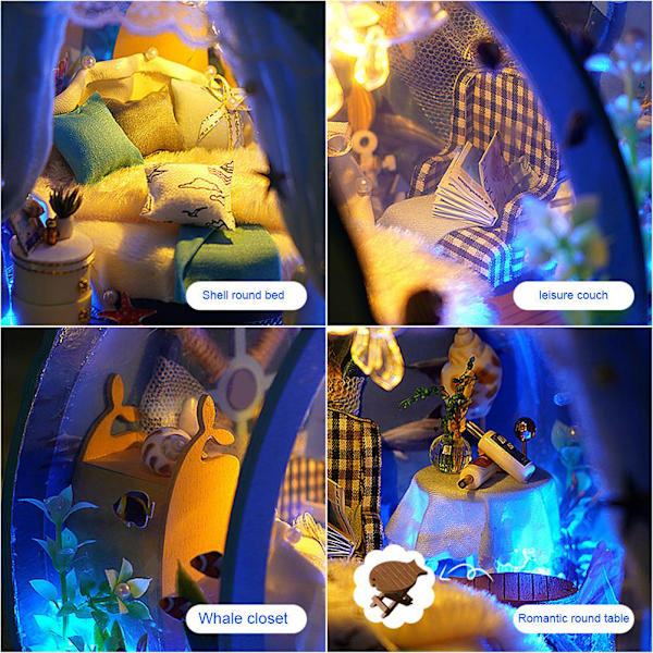 LED DIY Mini Ocean Tunnel Dockhus Kit Miniatyr med Möbler Trä Dockhus Present till Barn Vänner