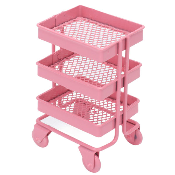 1:12 Miniatyrdockhusleksak 3-nivåers förvaringsställ med hjul för dockhusköksdekorationRosa