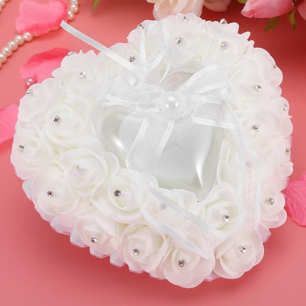 Romantisk hjerteformet gifteringboks Rose Rhinestone dekor ringpute (hvit)