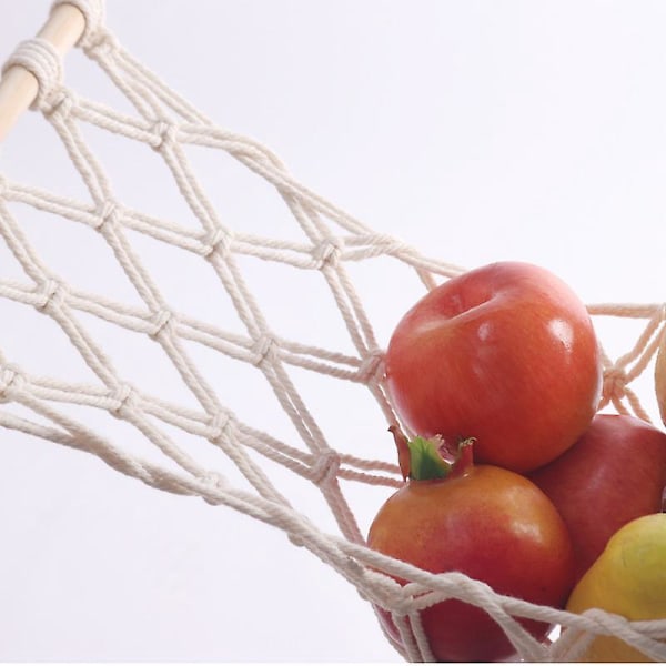 Fruktkorg för köket, frukt hammock i nordisk stil handgjord av ren bomull, lång hängande fruktkorg med krok för kök, vit, pinnlängd 30, total