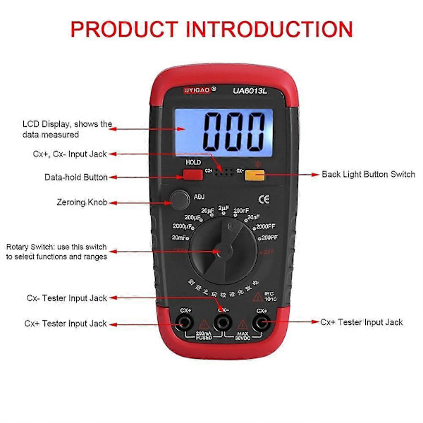 2025 Egnet Digital Kapasitansmåler Multimeter Profesjonell Kondensatortester 0.1pF - 20,000uF med LCD Bakgrunnsbelysning