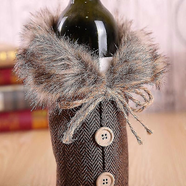 2 stycken Jul Vinflaskor Omslag Tröja Linne Rutig Vinflaska Klänning Kläder Vinflaskor Väskor Med Fuskpäls Krage Och Knapprock Design
