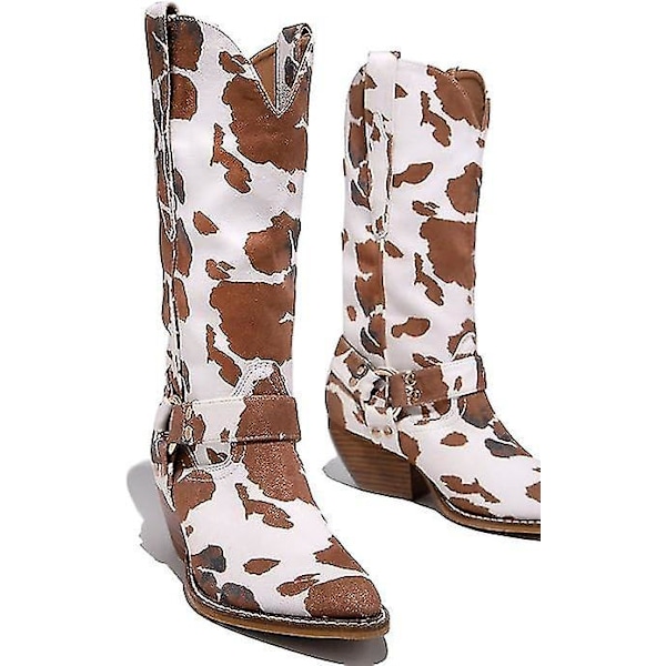 Cowgirl støvler med blok chunky hæl mid kalv - ko print42 brun