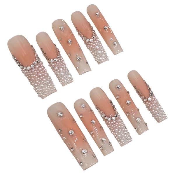 Nude Long False Nails with Lightning Rhinestones Long-lasting Safe Material Waterproof L