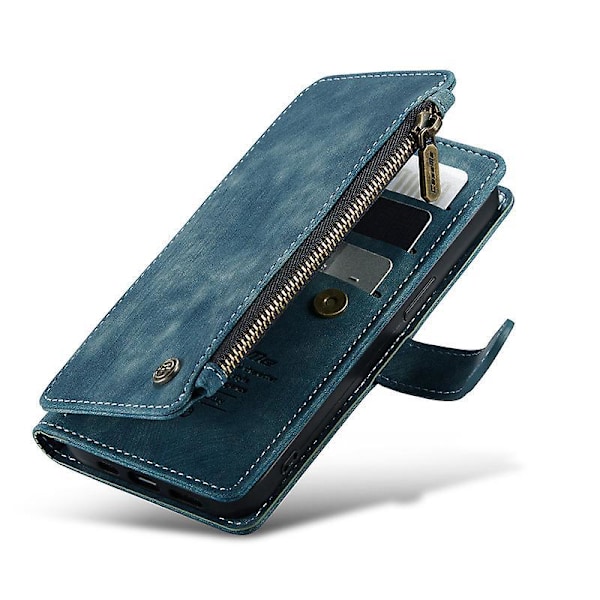 Blått Fodral för iPhone 13 [6.1 tum], Trendigt Slitstarkt PU Läder Magnetisk Flip Plånboksfodral med Handledsrem och Dragkedja för Kort, Mobilskal för Kvinnor och Män