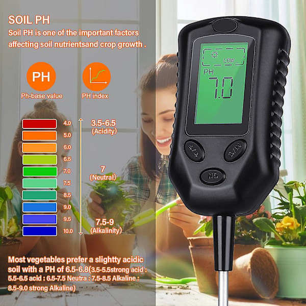 4 i 1 Digital Jordfugtighedsmåler Plantetemperatur pH Solintensitet Luftfugtighed LCD Display Jordtestværktøj