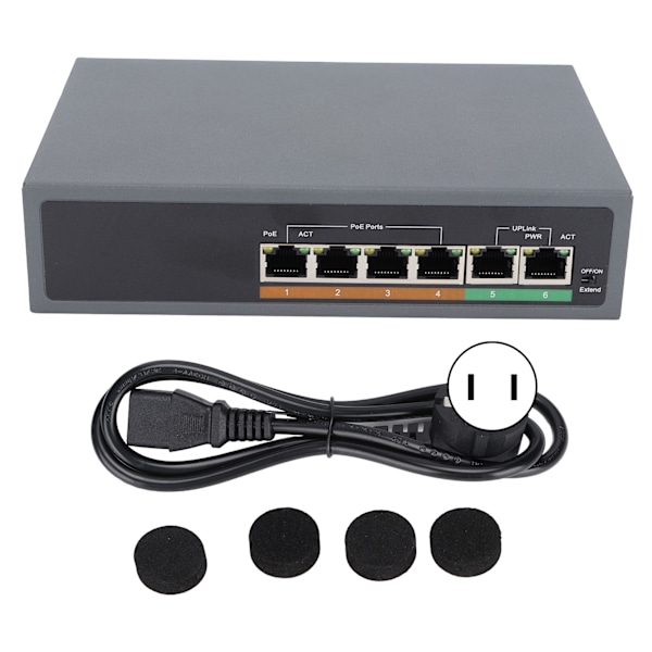 POE-switch IEEE802.3af/at 100 Mbps Lille kompakt lydløs stationær ventilatorløs 6 porte POE-switch til adgangspunkt 100-240V US-stik