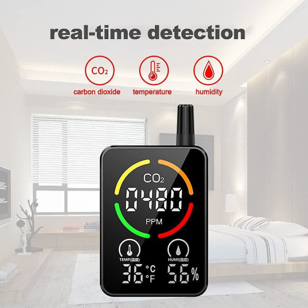 3-i-1 halvledarinfraröd CO2-temperaturfuktighetsmätare med digital display och tidsfunktion för detektering av hushållsluftkvalitet