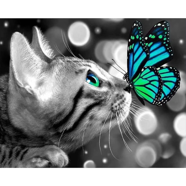 Animal Diamond Painting Kit med katte- og sommerfugldesign - komplett 30x40 cm diamantmaleri for hjemmeveggdekorasjon