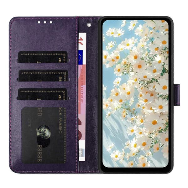 Leather Case with Embossed Daisy Pattern, Wallet Stand, Protective Phone Cover for Samsung Galaxy A56 5G Dark Purple