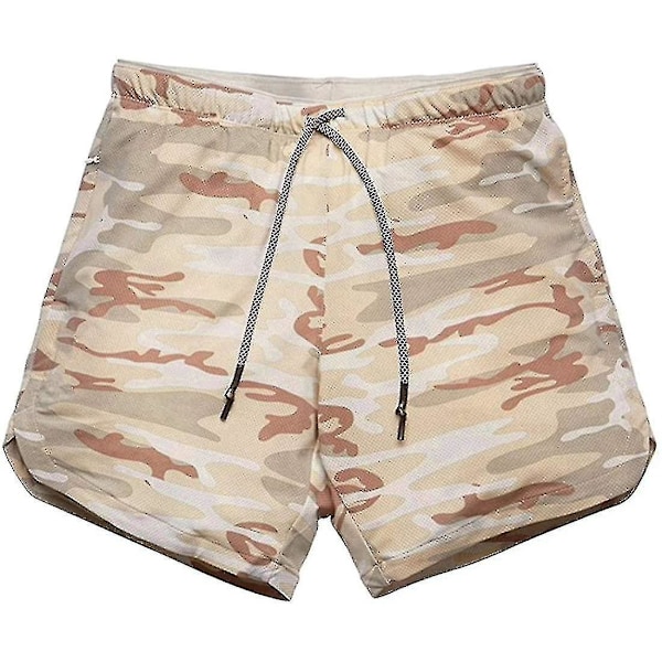 Kevyt ja nopeasti kuivuva miesten 2-in-1 juoksushortsi XXL Beige Camouflage