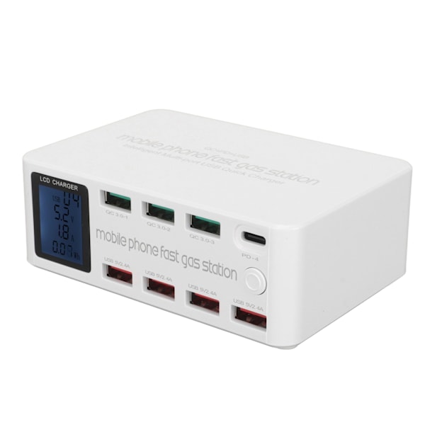100W 8-port USB-opladningsstation Multiport USB C-opladerstation med LCD-display til smartphones og tablets 100-240V WLX 818D EU-stik