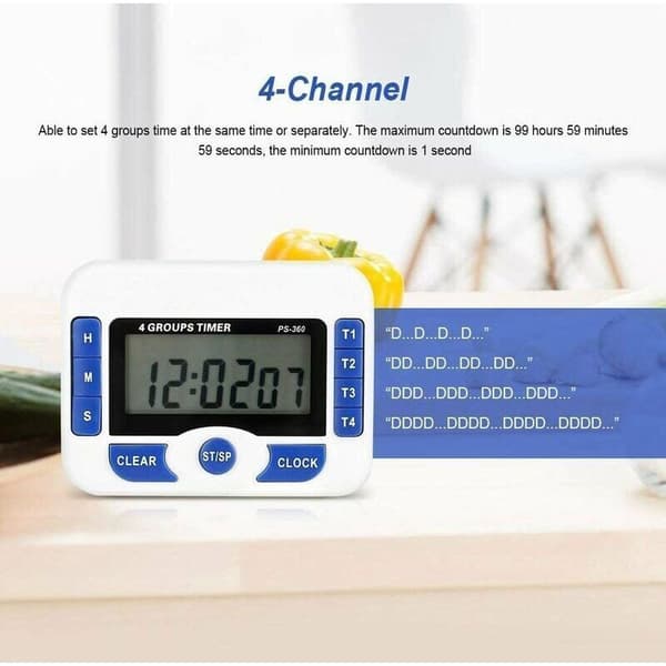4-kanals multifunktionel nedtællingstimer, justerbar digital køkkentimer, magnetisk laboratoriemødetimer med alarmfunktion