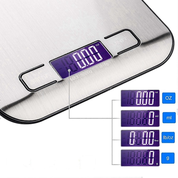 5 kg digital köksvåg med bakgrundsbelyst LCD-display tillverkad av slitstarkt och elegant rostfritt stål som väger mat i gram, pund, milliliter