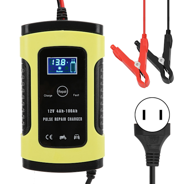 12V 6A automatisk digital LCD-skärmbilsbatteriladdare universell för motorcykelbil 4‑100Ah 100‑240VUS-kontakt