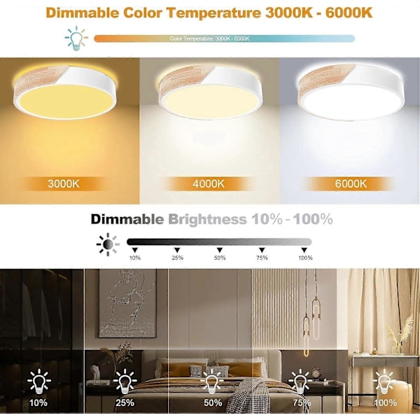Loftslampe i træ, dæmpbar loftslampe 3000K-6000K, fjernbetjent LED loftslampe, 18W moderne lampe, 30CM, hvid