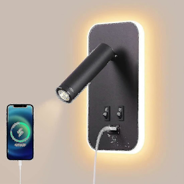 LED Vegglampe, Sengelampe med Bryter, USB-ladeport, Stemningsbelysning til Soverom Justerbar Spot (3W 3000K + 9W 6000K) Svart ZD W
