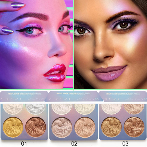 4 Farger Highlight Palette 3D Body Glitter Highlighter Powder Profesjonell sminke Ansikt og kropp lysner Kosmetikk Highlight Contour B B