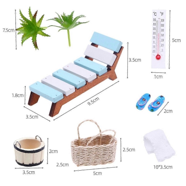1 Set Dockhus Miniatyr Spa Kit Mini Trästol Handduk Tofflor Korg Hink Växter Termometer Modell Leksak Sommar Strand Scen Dekoration Pro