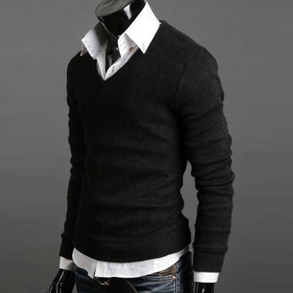 Klassisk strikket V-hals sweater til mænd - Langærmet pullover L Sort